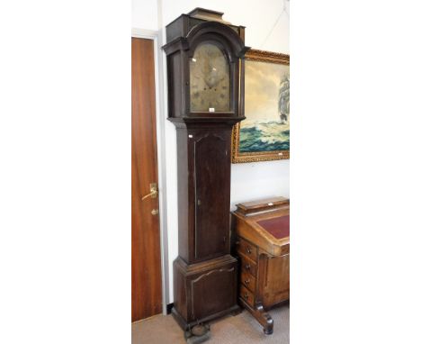 A GEORGE III OAK EIGHT DAY LONGCASE CLOCK, with 12" engraved brass dial, 'George Fish No. 9 Northampton,' 85" high 