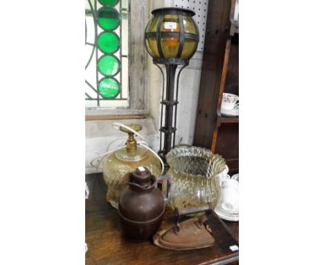AN EDWARDIAN WROUGHT-IRON NEWEL POST LANTERN, two glass shades and sundries