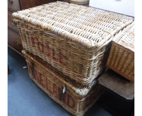 A VINTAGE WICKER LAUNDRY HAMPER from 'Pineland Laundry' and another similar 