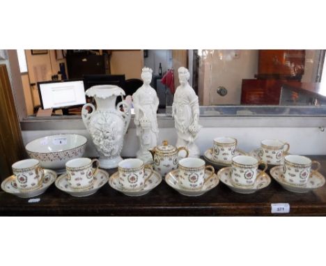 A COLLECTION OF FRENCH COFFEE CANS WITH SAUCERS, two Blanc-de-Chine figures and similar ceramics