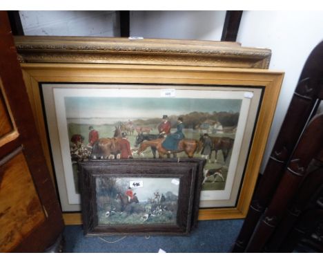 AN EDWARDIAN PRINT AFTER LIONEL EDWARDS, 'The End of a Good Gallop' and two hunting prints and two naive Victorian oil painti