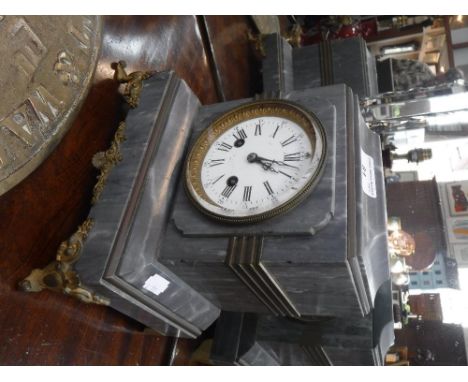 A 19TH CENTURY FRENCH MANTEL CLOCK in a grey marble case, 10" high