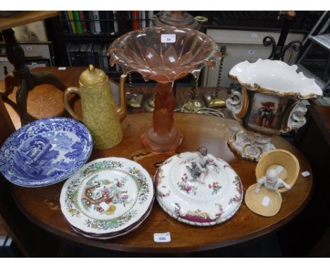 A 1930S ART DECO PINK GLASS BOWL supported by three women, a Royal Worcester coffee pot and similar ceramics