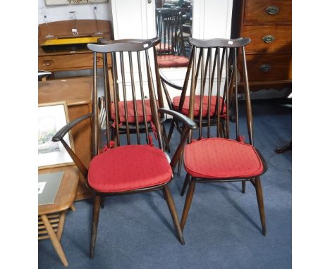 ERCOL: FOUR DARK STAINED STICK BACK CHAIRS to include two carvers 