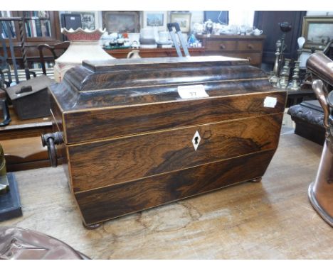 A 19TH CENTURY ROSEWOOD TEA CADDY with fitted interior, 13.5" wide