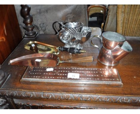 A 19TH CENTURY SILVER PLATED CORNUCOPIA SHAVING MUG, another in copper, two copper crumb trays and a cribbage board