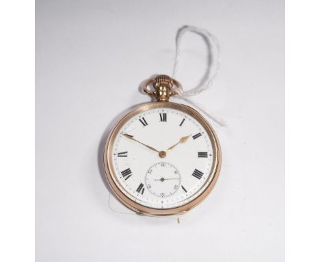 A GENTLEMAN'S 9CT YELLOW GOLD OPEN FACED POCKET WATCH, the white enamel dial with Roman numerals and subsidiary seconds dial