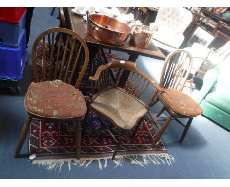 SIX 19TH CENTURY STICK-BACK WINDSOR CHAIRS and a rush seated corner chair