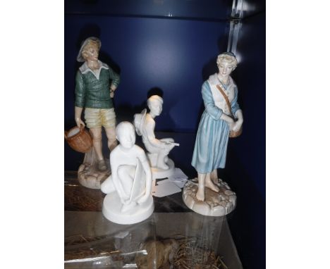 A PAIR OF ROYAL WORCESTER PORCELAIN FIGURES 'French Fisher Boy' and 'French Fisher Girl'  and two other unmarked glazed ceram