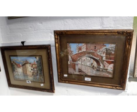 A GOUACHE PAINTING OF A VENETIAN CANAL SCENE, indistinctly signed 'Paul Bellange R Adhenar ?' and its companion picture