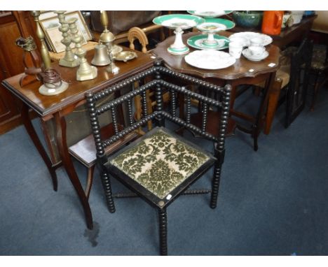 AN EDWARDIAN WALNUT WINDOW TABLE another similar and a Victorian bobbin-turned corner chair (3)