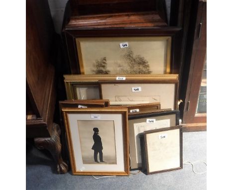 A 19TH CENTURY FULL LENGTH SILHOUETTE PORTRAIT OF A GENTLEMAN (re-framed) and a further collection of pictures and prints