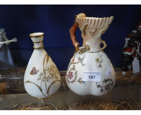 A ROYAL WORCESTER PORCELAIN VASE, decorated with butterflies (A/F) and one other Royal Doulton porcelain jug decorated with f