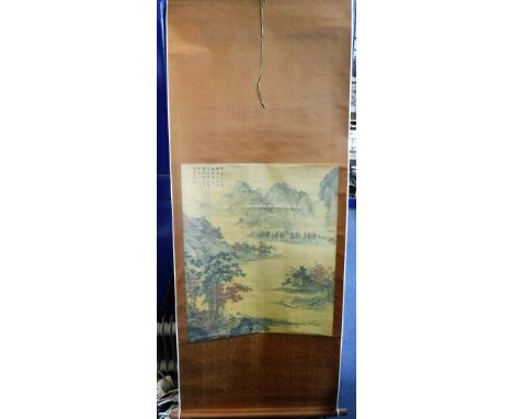 A CHINESE WALL HANGING SCROLL, printed with a landscape scene