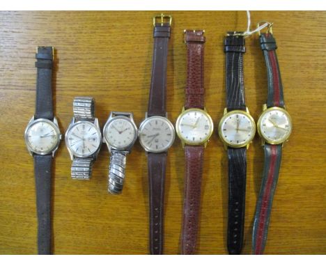 Seven vintage gents wrist watches to include Favre Leuba 'Sea Chief', Technos 'Sky Light', Universal 'Geneve', Bulova 'Accutr
