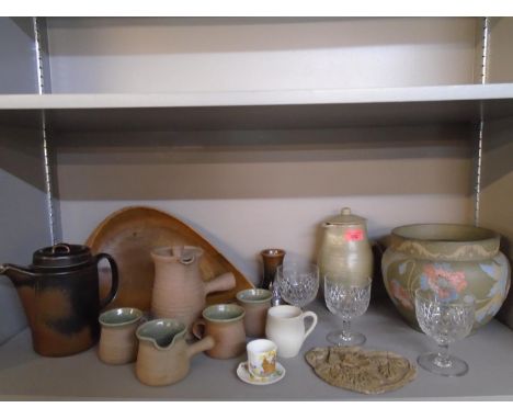David Leach Lowerdown Pottery Standard ware lidded coffee pot and three matching coffee mugs and a milk pourer with celadon g