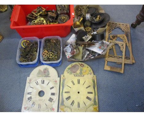 A quantity of clock parts, movements, two long case clock dials and treen fretwork Location: A3B