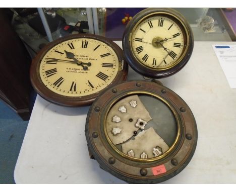 A 19th century mahogany dial clock with twin freeze movement, A/F, another 19th century dial clock with movement striking on 