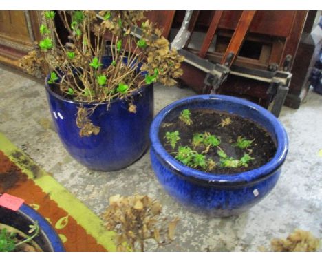 Two large blue glazed plant pots, the largest 38cm h x 42cm d Location: G 