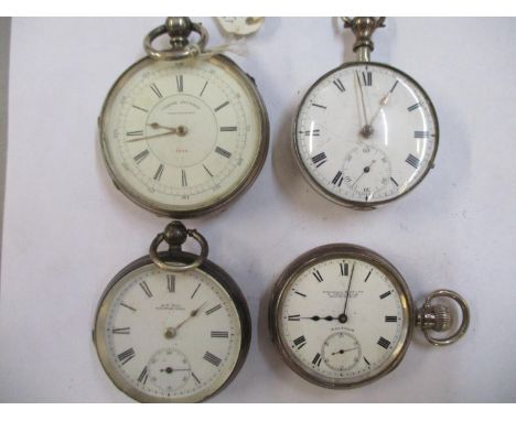 Four silver pocket watches to include a centre seconds Chronograph the movement signed E. Wise of Manchester and two Waltham 