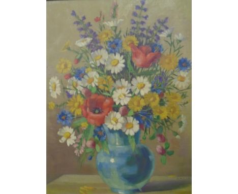 SASELIS ? - Poppies and daisies and other summer flowers in a blue vase, still life, oil painting, signed lower right corner 