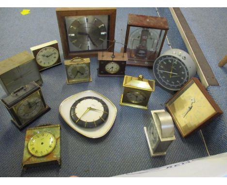 A selection of mantle and wall clocks to include a Hettich clock, a Jerome & Co pat. Oct 3rd 1883 clock, Junghans, Seth Thoma