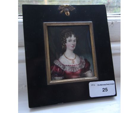 Late 18th century miniature portrait, Lady in opulent red dress (paint scuff to face), ebonised frame