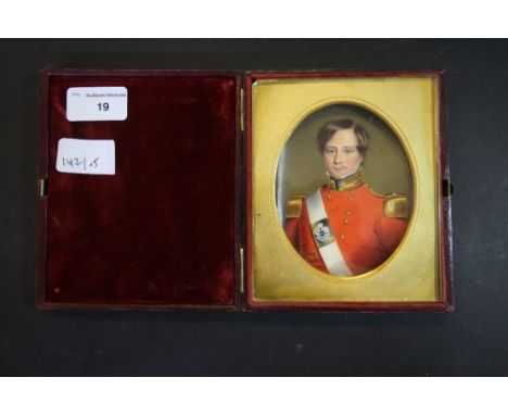 19th Century miniature portrait - Lieutenant of the 19th Bengal Native Infantry, (painting concave and cracked to left vertic