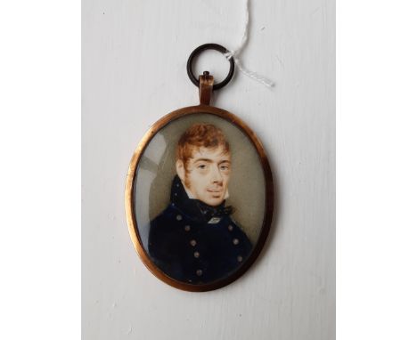 Late 18th/ early 19th Century oval miniature portrait, Gentleman in pre 1812 Naval uniform, gilt metal frame with convex glas