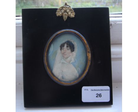 Circle of Richard Collins (1755-1831) oval miniature portrait, Lady with blue hairband, in ebonised frame