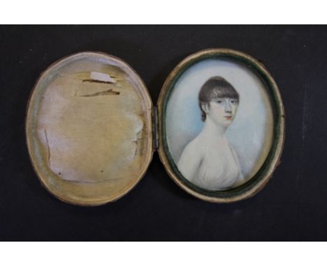 Early 19th Century miniature portrait, Young lady in white dress, hinged leather covered case (silk frayed)