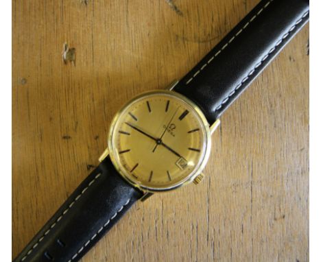 Vintage Gents Omega automatic wristwatch with calendar, champagne dial, gilt metal case, later black leather strap