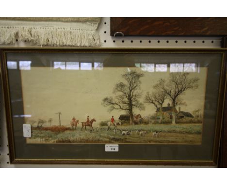 Arthur Willet (British1857-1918), hunting scene with mounted horsemen and hounds passing a farmstead, watercolour, framed and