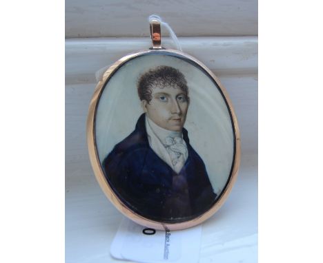19th century oval miniature Mourning portrait, Gentleman in blue jacket, back with inset plaited hair surrounded by blue enam