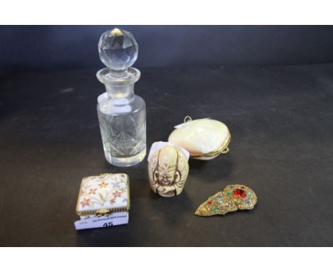 Shell trinket box, glass scent bottle, trinket box, resin netsuke style figure