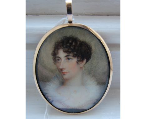 Early 19th century oval miniature Mouring portrait of a young lady with fur collar and double strand pearl necklace (discolou