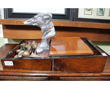 A writing slope, a cast aluminium portrait head of a long dog, and various plated wares