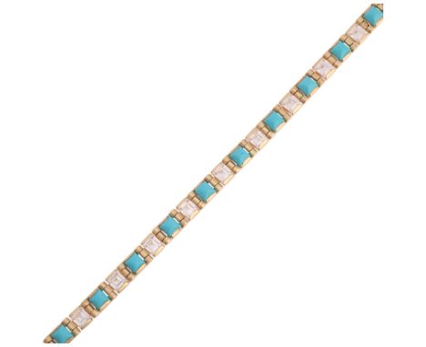 An Italian 14ct gold turquoise and cubic zirconia tennis line bracelet, by Favori, band width 5.4mm, 19cm, 18.6g .  Condition