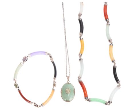 A Chinese vari-hue jade jewellery set, comprising line necklace 44cm, bracelet 18cm, and similar pendant necklace, 49.2g tota