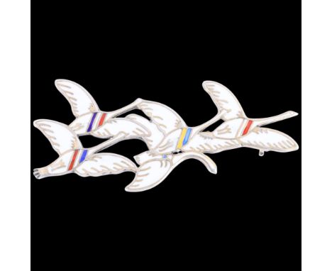 ERIK MAGNUSSEN - a Danish modernist vermeil sterling silver enamel 'Eneret' flying geese brooch, 59.3mm, 10.9g .  Condition R