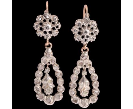 A pair of Antique Georgian diamond girandole drop earrings, the pear drops set with rose-cut diamonds, with shepherd hook fit