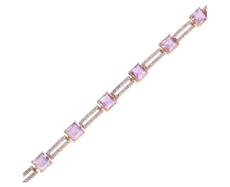 A 9ct gold amethyst and diamond tennis line bracelet, band width 6.6mm, 19cm, 8g .  Condition Report: No damage or repair, al