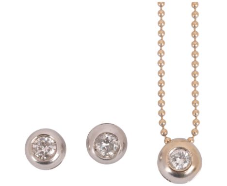 An 18ct white gold diamond pendant necklace and stud earring set, each set with 0.1ct modern round brilliant-cut diamond, tot