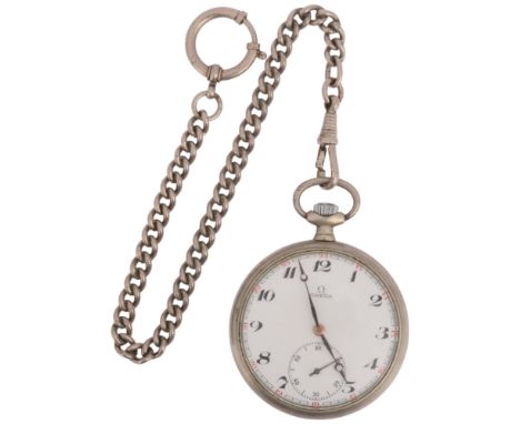 OMEGA - an Art Deco nickel open-face keyless pocket watch, white enamel dial with black Breguet Arabic numerals, blued steel 