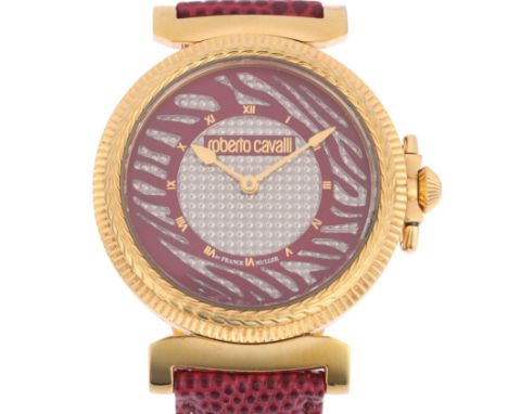 ROBERTO CAVALLI by FRANCK MULLER - a gold plated stainless steel quartz wristwatch, ref. 1L056.6, burgundy and silvered tiger