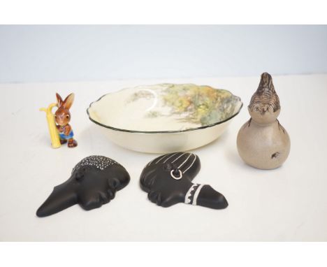Goebels rabbit figure, Royal Doulton series ware bowl, 2 wall masks &amp; Poole pottery figure