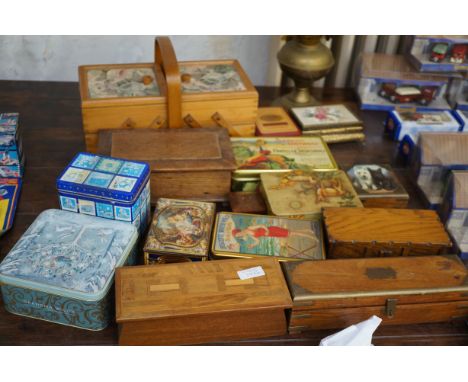 Collection of vintage tin boxes, 1 musical, wooden storage boxes &amp; a oil lamp 