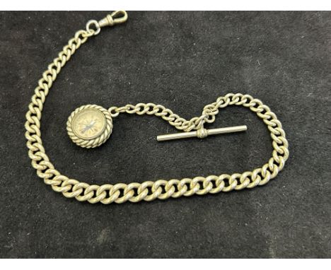 White metal Albert chain &amp; T-Bar with compass fob 