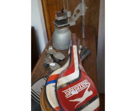 Collection of Badminton &amp; squash rackets to include vintage roller skates &amp; a range finer 