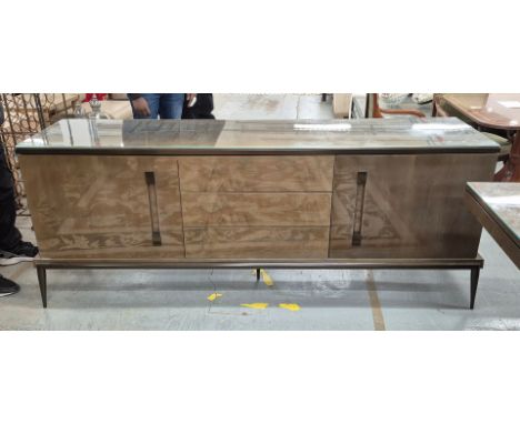 ATTRIBUTED TO THE SOFA &amp; CHAIR COMPANY LANGHAM SIDEBOARD. lacquered with glass top, 2 cupboards flanking 3 central drawer